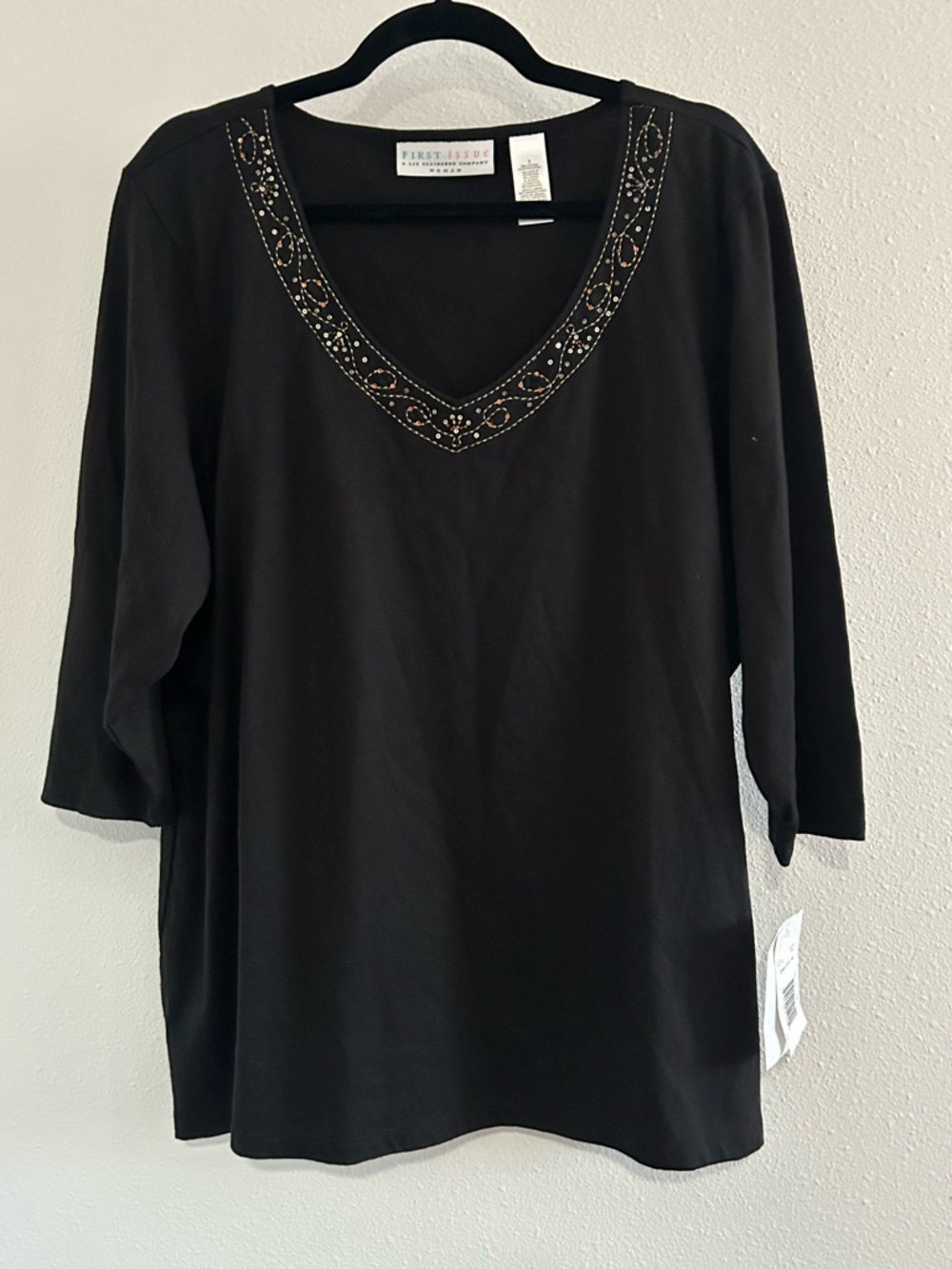 First Issue Black V-Neck Embellished Top